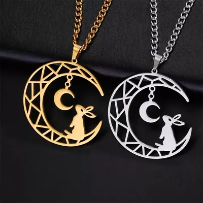 Lovely Rabbit Crescent Moon Necklace Women Girls Stainless Steel Hollowed Animal • $6.02