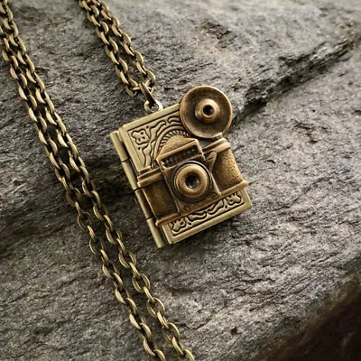 Vintage Camera W/ Flash Bulb Photo Book Locket Necklace Antique Brass • $38.95