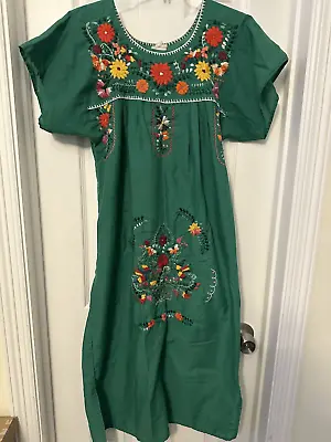 Vintage Mexican Embroidered Oaxacan Green Boho Floral Ethnic Chaparrita Dress • $50