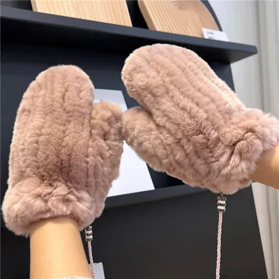 Womens Warm Real Rabbit Fur Gloves Knitted Stretch Fingerless Mitten Gloves  • $26.90