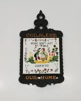 Vintage Cast Iron Tile  Kissin Don't Last  Cookin Do  God Bless Handle Trivet • $19.99