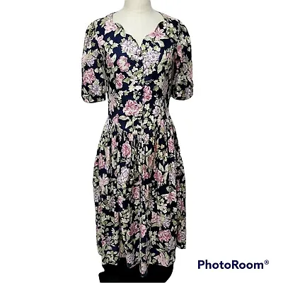 Vintage 90s Laura Ashley Cottage Core Floral Dress Point Waist Pleated Button Up • £79.86