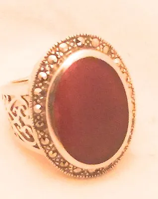 Vintage Sterling Silver Reddish Brown Stone W Marcasites Ring Size 8 • $88