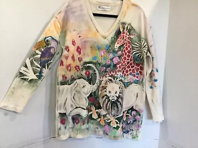 MARGUERITA Vintage 90s Handpainted Jungle Animal Sweater OS 44” Chest Elephant • $45