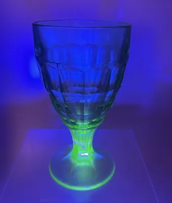 HAZEL-ATLAS Colonial Block Green Uranium Water Goblet Glass Retro Vaseline Vtg • $12