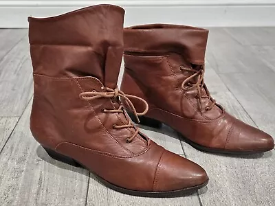 Vintage NINE WEST Granny Leather Steampunk Lace Up Ankle Boots Brown 10M • $44.99