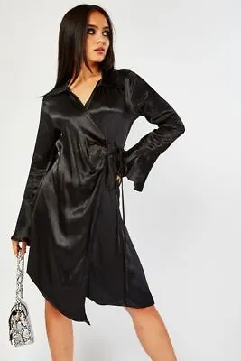 Sateen Wrap Flare Sleeve Dress Tie Up Side Long Sleeve Womens Ladies Casual • £5