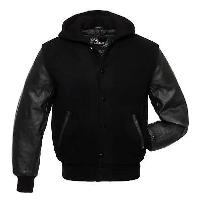 £83 • Buy Black Varsity Hoodie Jacket Wool & Real Leather Sleeves Letterman College 