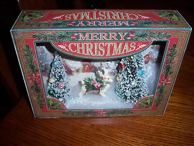 RETRO NICE Vtg DEER BOTTLE BRUSH TREES FAIRY LIGHT MECA Diorama BOX Xmas Display • $44.99