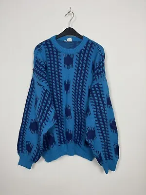 Vintage 90s Knit Jumper Italian Abstract Pattern Winter Warm Cosby Pullover • £18.99