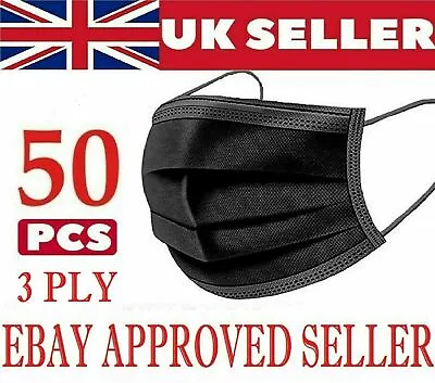 Disposable Surgical Face Mask X 50 (3 Ply) Black Protective Masks UK Bulk Deals  • £2.69