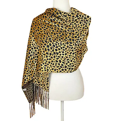 Worldwide Dreams Velvet Burnout Gold Black Animal Print Scarf Wrap Beaded Fringe • $12.99