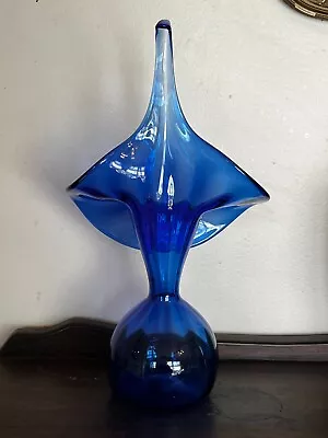 LARGE Vintage Cobalt Blue Hand Blown Art Glass Vase Jack In The Pulpit MCM 14  T • $49.99
