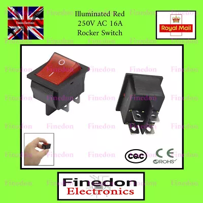 Rocker Switch 16A 240V 20A 125V RED ON-OFF Double Pole 4 Pin ILLUMINATED • £3.04