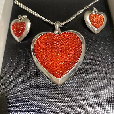 Mixit Heart Jewelry Set Necklace Earrings Red Silver Gift Box Bulky 3D • $18.70