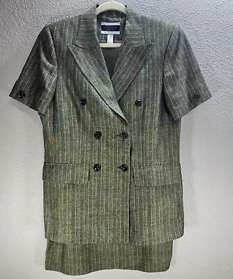 Amanda Smith Linen Stripe Greenish Gray Skirt Suit Double Breasted Jacket Sz 10 • $14.64