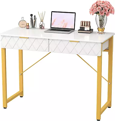 Modern Makeup Vanity Desk With 2 Drawers Gold Metal Frame Glossy White Or Pink • $194.10