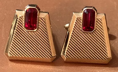 Vintage Swank Cufflinks Goldtone Textured Trapezoid Red Simulated Stone • $15