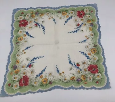 VINTAGE HANKERCHIEF Blue Scalloped Trim Florals Flowers 14”x13.5” • $11.99