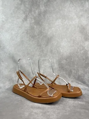 $25 • Buy Zara Brown Leather Strappy Square Chunky Sandals Women's Size 39 US 8