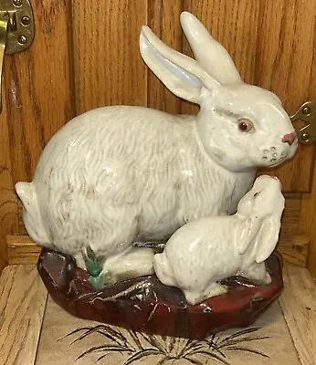 Vintage Majolica Mom And Baby Rabbit Statue Signed • $95