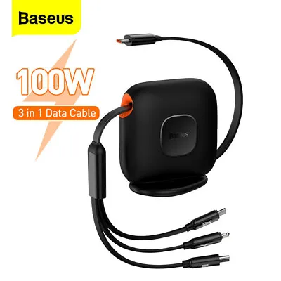 Baseus Retractable 100W 3 In 1 USB C Cable For IPhone 14 13 12 Desktop Charger • £25.08