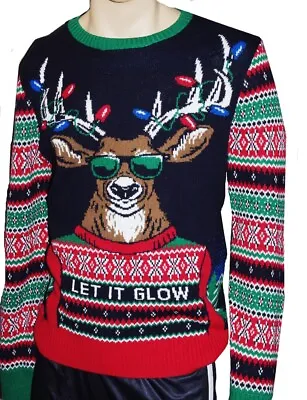 Mens Reindeer Deer Light Up Ugly Christmas Sweater Party S L XL Flashing NEW • $49.99