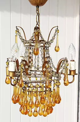 Vintage 1970 Murano Amber Glass Drops Chandelier Lamp • $980