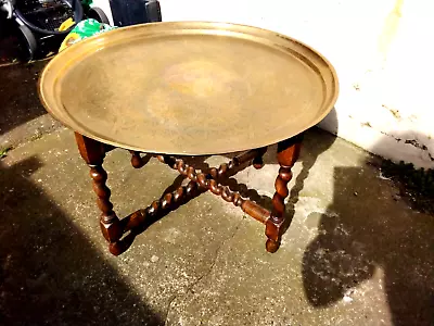 Antique Middle Eastern Folding Table Barley Twist Base & Engraved Brass Tray Top • $110.76