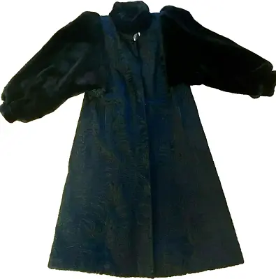 BLACK BROADTAIL FUR CUSTOM-MADE COAT SHEEPSKIN MOUTON SLEEVES & COLLAR Size M/L • $225