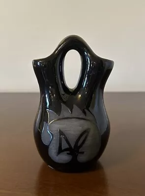 VTG Native American Etched Bear Paw Black Glazed Wedding Pot Vase Signed M.A. • $34.95