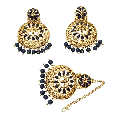 New Blue Bridal Maang Tikka Earring Set CZ Pearl Kundan Gold Tone Indian Jewelry • $12.38