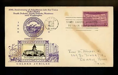 US FDC #858 Crosby M-14e.2 1939 Pierre SD South Dakota Statehood 50th MT ND WA • $12.99