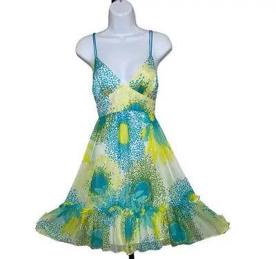 Milly Of New York 100% Silk Blue Yellow Floral Spaghetti Strap Dress $360 Size 4 • $25.99