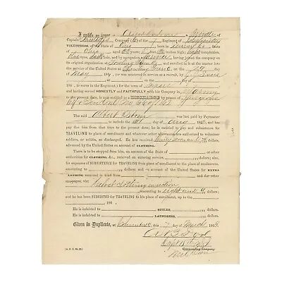 $85 • Buy 1863 Civil War Soldier Discharge Certificate & Pay Statement — 7th Ohio Infantry