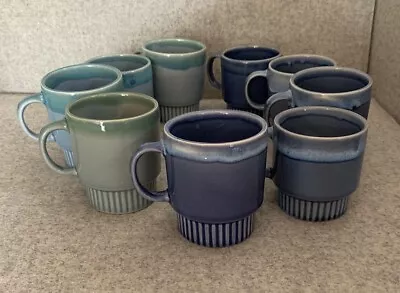 Bulk 9 Drip Glaze Mugs Cups Stackable Vintage Retro Blue Mixed 70s 80s • $54.95