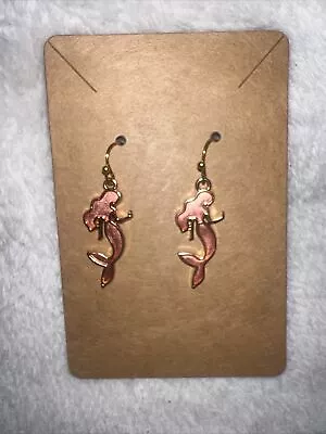 Pink Mermaid Earrings Dangle Gold Outline & Hook Womens Girls Jewelry • $11