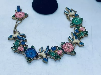 Vtg. Pink & Blue Enamel Hummingbirds & Flowers Slide Bracelet 384 • $5.40