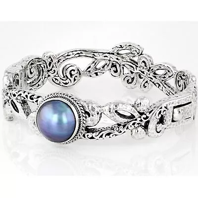 Sarda Blue Cultured Mabe Pearl Silver Tree Of Life Bangle Bracelet • $350