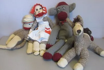 £39.09 • Buy Old Vtg Folk Art Handmade SOCK MONKEY LOT 4P Dressed Mama Gray Wool Pony Horse