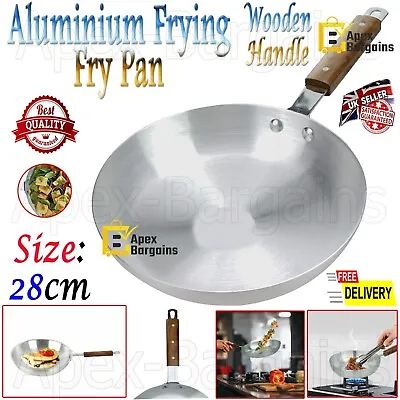 Aluminium Frying Fry Pan Wooden Handle Chef Skillet Curry Cooking Catering 28cm • £11.59