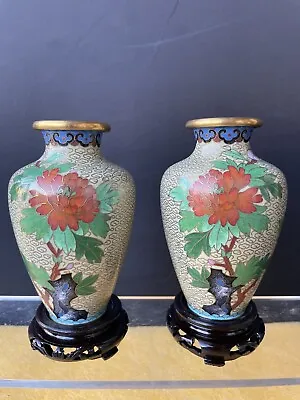 Pair Vintage Chinese Cloisonne Vases  Tan Cloisonne Enamel Meiping Vases 5” H • $70