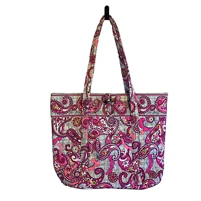 Vera Bradley Paisley Meets Plaid Miller Tote Bag Pink Beige Travel Organizer Lrg • $34.99