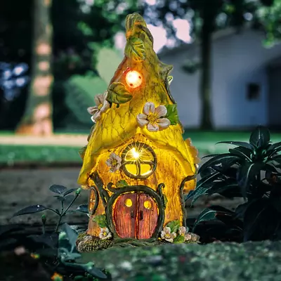 Garden Ornaments Solar Fairy House Green Flower Outdoor LED Lawn Decorative Gift • £16.99