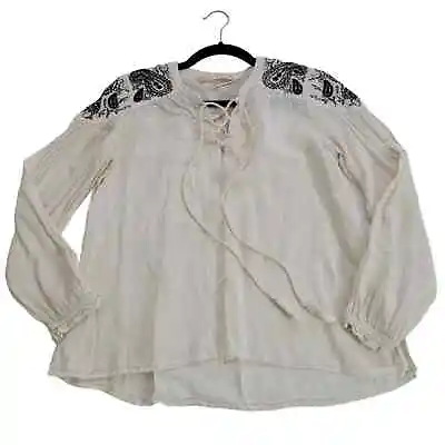 Zara Basic Womens Size XS Ivory Black Paisley Embroidered Boho Peasant Blouse • $20
