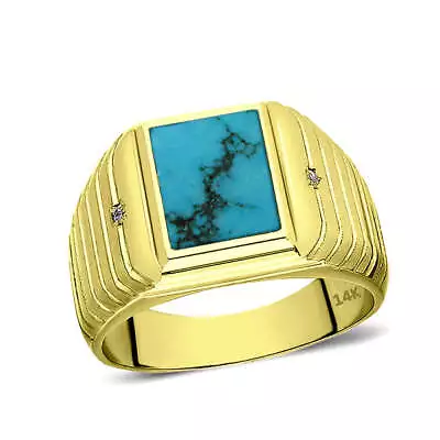 Real Fine 14K Yellow Gold Turquoise Mens Ring With 0.04ct Natural 2 Diamonds • $844