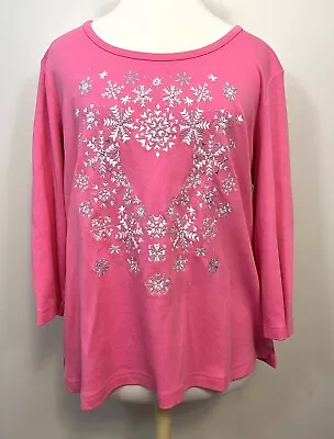 QUACKER FACTORY Pink Shirt W/ Sequin Embroidered Snowflakes  Sz L - 3/4 Sleeve • $24.95