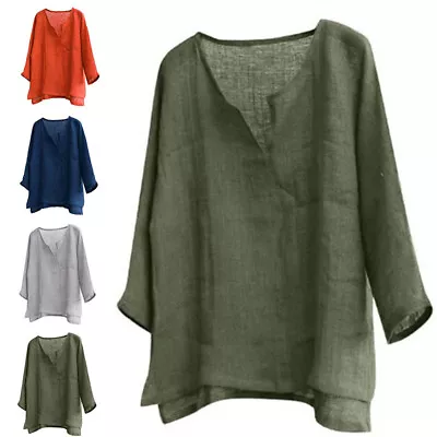 $12.45 • Buy Summer Men Cotton Linen V Neck T Shirt Long Sleeve Blouse Casual Loose Tops Tee#
