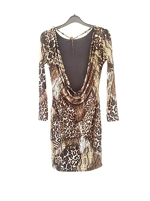 Jane Norman Animal Print Dress Cowl Backless Bodycon Sexy Stretch Long Sleeve • £4.99