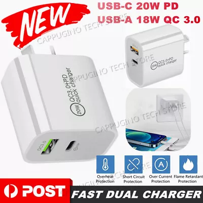 $12.95 • Buy 20W DUAL USB-C Type C PD Fast Wall Charger Adaptor QC3.0 For IPhone IPad Android